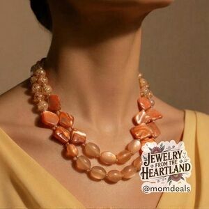 Vintage Boho Statement Necklace Beaded Burnt Orange Dyed Shell Glass Beads